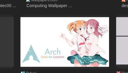 Image search finds an anime wallpaper with two girls and text saying Arch - Linux for Lesbians